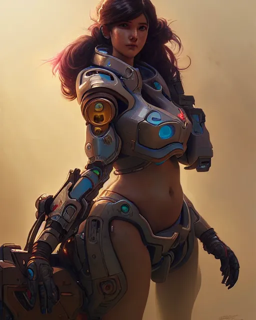 Image similar to d. va from overwatch, character portrait, concept art, intricate details, highly detailed by greg rutkowski, michael whelan and gustave dore