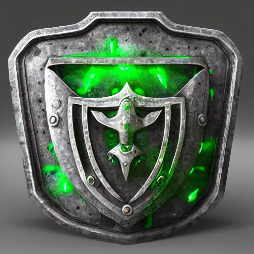 Image similar to green medieval shield, powerful fantasy epic legends, game icon stylized, digital illustration radiating, a glowing aura, global illumination, ray tracing, 8 k high definition, intricate details, octane render, unreal engine, trending on arstation