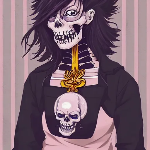 Prompt: anime manga skull portrait young woman skeleton, marge simpsons, painterly, logo, graffiti, elegant, highly detailed, digital art, art by jc leyendecker and sachin teng