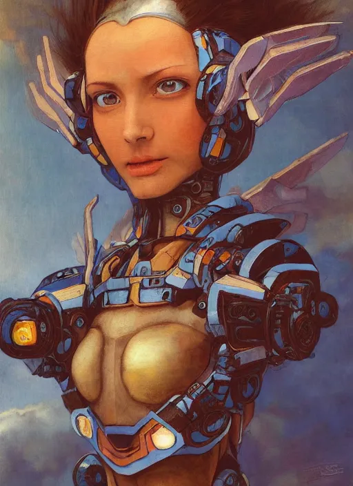 Prompt: biblical shy beautiful female mecha mage android on a dumb bird, jump, rollerblades, heavy eyes to the side, closeup, bright glowing veins, in clouds, sunset, portrait, by gerald brom, by mikhail vrubel, by peter elson, muted colors, extreme detail, reflections, trending on artstation, 8 k