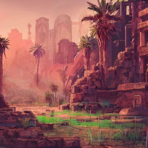 Image similar to Ancient ruins in the desert in a oasis,retrowave art,cyberpunk , trending on art station