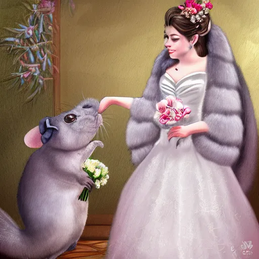 Image similar to a cute chinchilla!! in a wedding dress, a chinchilla getting married, highly detailed digital painting, 4k