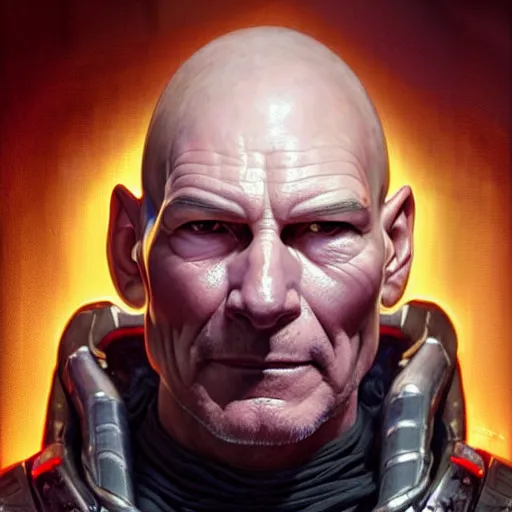 Image similar to portrait painting of a cyberpunk orc doctor muscular patrick stewart, ultra realistic, concept art, intricate details, eerie, highly detailed, photorealistic, octane render, 8 k, unreal engine. art by artgerm and greg rutkowski and charlie bowater and magali villeneuve and alphonse mucha