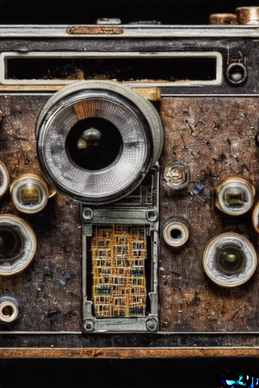 Image similar to A photo of a very old opened camera with film, vacuum tubes, capacitors and coils inside by Richard Kuiper and Steve McCurry, grungy, weathered Ultra detailed, hyper realistic, 4k