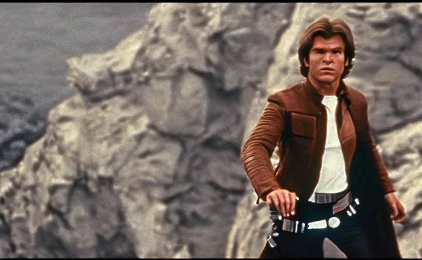 Image similar to screenshot portrait of Han Solo on a city cliff, cinematic scene from 1970s film by Stanley Kubrick, iconic, retro design, serene, stunning cinematography, hyper-detailed, sharp, anamorphic lenses, kodak color, 4k, stunning