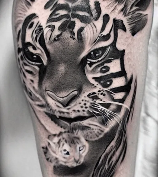 Image similar to tattoo design of a beautiful girl warrior with a tiger head above her, hyper realistic, realism tattoo, by eliot kohek, beautiful eyes, realistic face, black and white, white background