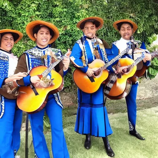 Prompt: Blue Morpho butterflies playing in a Mariachi band