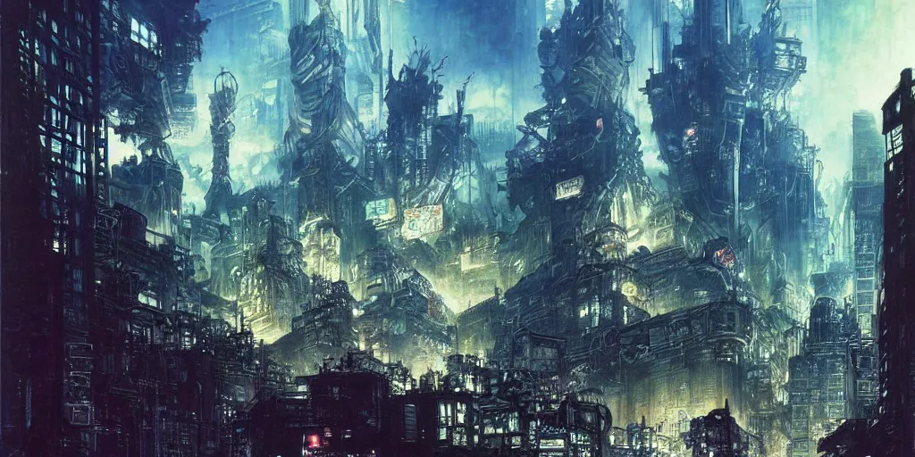 Image similar to concept art of city of midgar from final fantasy 7, rapture, dark atmosphere, hanafuda oil on canvas by ivan shishkin, james jean and yoji shinkawa