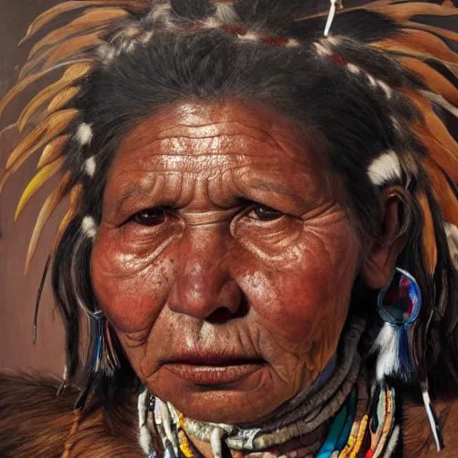 Image similar to high quality high detail painting by lucian freud, hd, full body of a indigenous tribe powerfull woman leader, photorealistic lighting