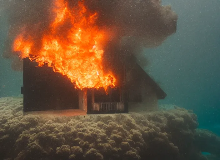 Prompt: dslr photo still of a house on fire under water at the bottom of the ocean, 8 5 mm f 1. 8