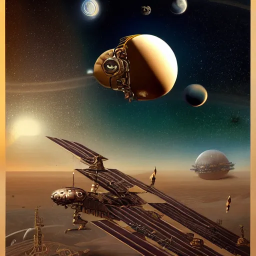 Prompt: A steampunk airship floating in front of a gas giant, by Kevin J. Anderson and Paul Witcover and William F. Wu and James Blish and Cory Doctorow and Neal Stephenson and Jules Verne and Mary Shelley, sharp focus, elegant, highly detailed, intricate, steampunk, beautiful, trending artstation, pixiv, digital art, golden ratio, very detailed