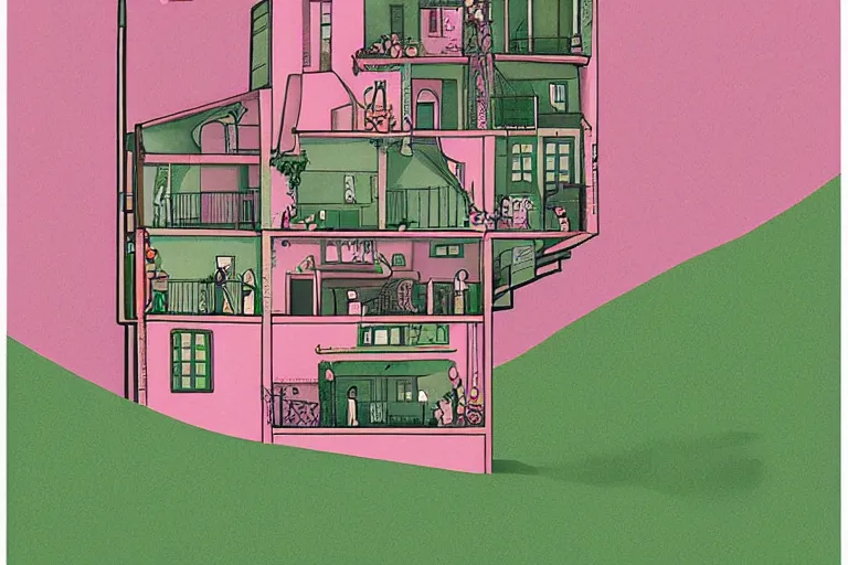 Image similar to a pink and green 2 d illustration of a cross section of a house, a storybook illustration by muti and tim biskup, featured on dribble, arts and crafts movement, behance hd, storybook illustration, dynamic composition