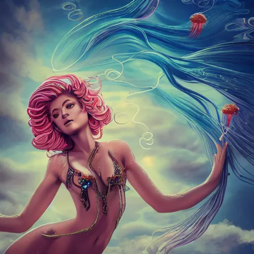 Prompt: Full body photo of the most beautiful goddess, she has a jellyfish-phoenix head's and a siren body, some tentacles are touching her, she flying to heaven over the soft clouds, by Tooth Wu, trending on Artstation, digital art, symmetrical artwork, cinematic, hyper realism, high detail, octane render, 4k, 8k