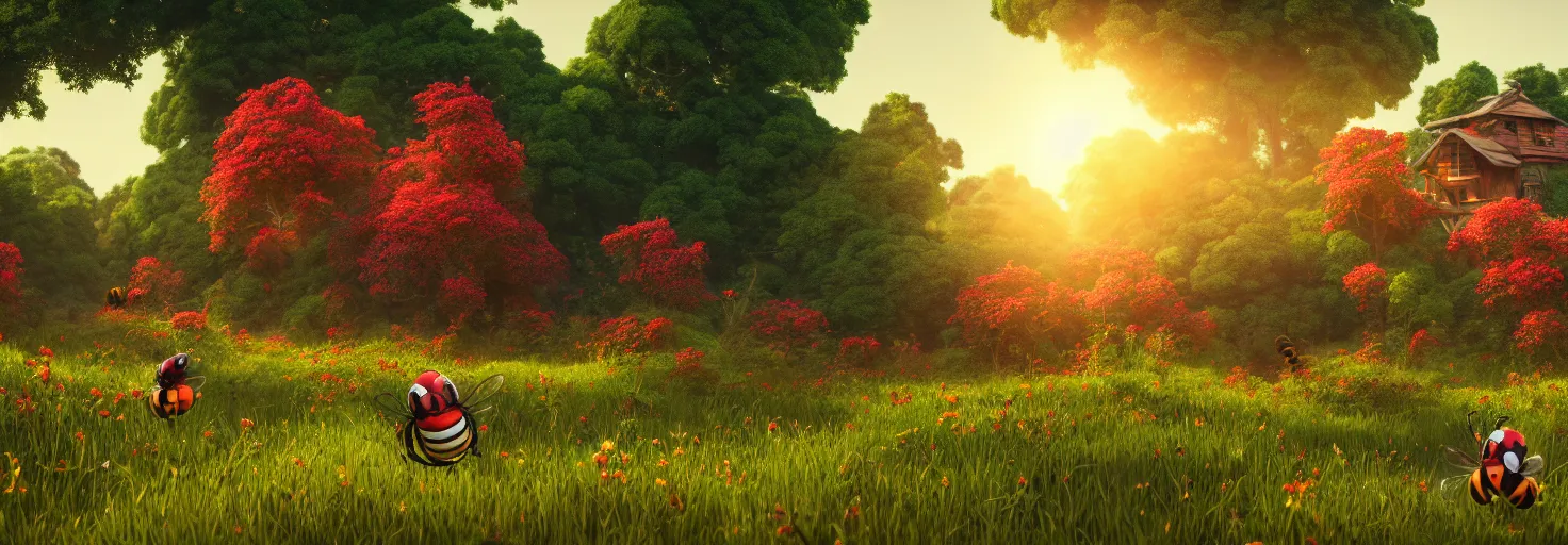 Image similar to crimson - black beehive, large bee hive, in a beautiful forest meadow village landscape, flowers, happy trees, photorealistic, octane render, rtx, hdr, unreal engine, digital art widescreen 8 k, studio ghibli, bob ross, pixar, bee movie, disney