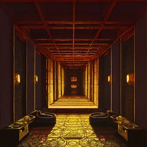 Prompt: The interior of the tower was very large and spacious. The floors were made of dark wood, the walls were covered in bright paintings, and the furniture was simple and elegant. The room was lit by magical lights, which were placed around the room in various places to provide light. fantasy, artwork by Marc Simonetti, artwork by Ted Nasmith, Ted Nasmith and Marc Simonetti, 8K, D&D concept art, D&D wallpaper