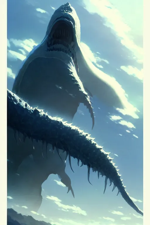 Prompt: a large humanoid kaiju creature alien monster bug creature, smooth translucent white skin, large mouth long fangs, walking above the clouds and fog, movie poster, by makoto shinkai an krenz cushart