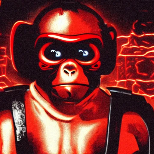 Prompt: A monkey as The Terminator (1984), glowing red eyes, in cyberpunk style