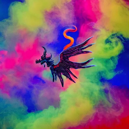 Image similar to multi color smoke with the small outstretched ribbed wings and head of a fairytale dragon, billowy smoke, 8 k, 4 k