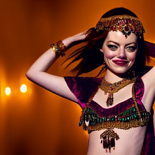 Image similar to a beautiful portrait of emma stone as a belly dancer, arabian night, high quality, fully detailed, 4 k