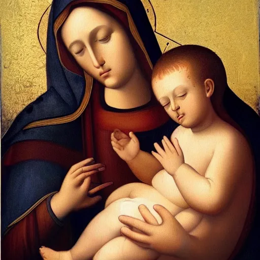 Prompt: beautiful painting of the Virgin Mary and baby Jesus, high quality, highly deatailed, 8k, vivid, coherent, Romanticism, medieval