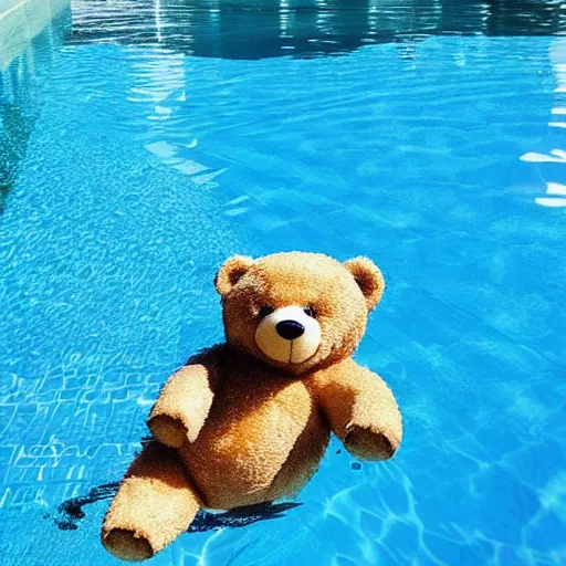 Prompt: a teddy bear swimming in the pool