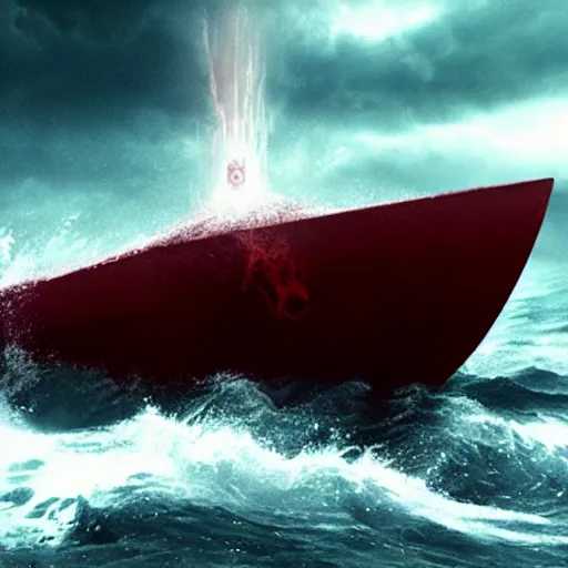 Prompt: anti - christ rising from a red ocean. ominous. vivid color detailed photograph from a 2 0 2 0 s blockbuster vfx horror movie. a capsized boat.