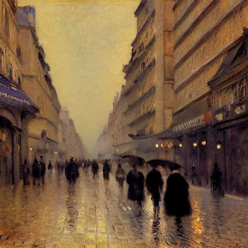 Prompt: Parisian street at night, 1880, Renoir, Jean Béraud, Gustave Caillebotte, Delaroche, Luigi Loir, Edouard Leon Cortes, moody, foggy, victorian buildings, people walking by, melancholic, busy, somber color pallette, dark