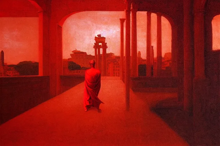 Image similar to only with red, caesar after war, a red tiger, in hoc signo vinces, rome in background, an ancient path, in the style of beksinski, part by hopper, part by rodcenko, part by hofbauer, intricate composition, red by caravaggio, insanely quality, highly detailed, masterpiece, red light, artstation