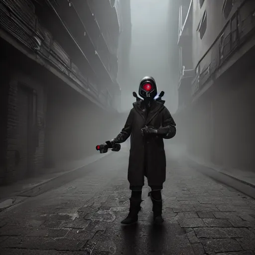 Prompt: hooden villain wearing a gas mask with red goggles, mask rider, smoke coming out of his body and coat, dark background, in a dark alley, unreal engine 5, ultra realistic, detailed, fog, volumetric lighting, by greg rutkowski,