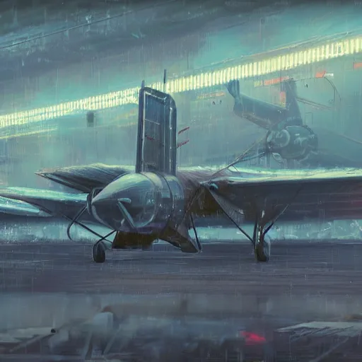 Prompt: movie frame of a vintage scrappy aircraft parked on the tarmac on a misty day, wet ground, neon lights, wide angle shot, by ian mcque ferdinand knab, makoto shinkai and lois van baarle, artgerm, pixar, ilya kuvshinov,, tom bagshaw, global illumination