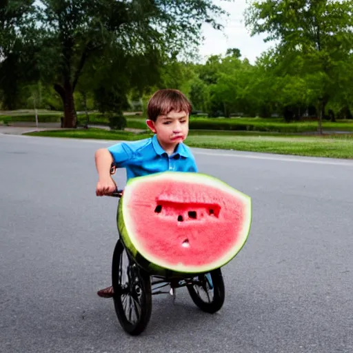 Prompt: a tricycle carrying watermelon, the boy fell asleep in the car, summer