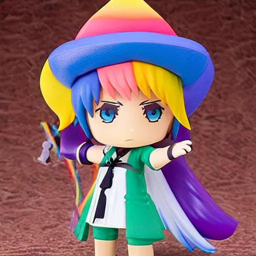 Image similar to a wizard with a rainbow wizard hat vinyl figure, anime style, nendroid