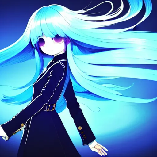 Image similar to low - angle shot from behind of a long light blue - haired girl in a blue tailcoat with a scabbard, combat boots, noir, screenshot, sharp focus, intricate, illustration, cell shaded, digital painting, highly detailed, straight hair, art by ilya kuvshinov, wlop, shutterstock, greg rutkowski, studio quality, james jean