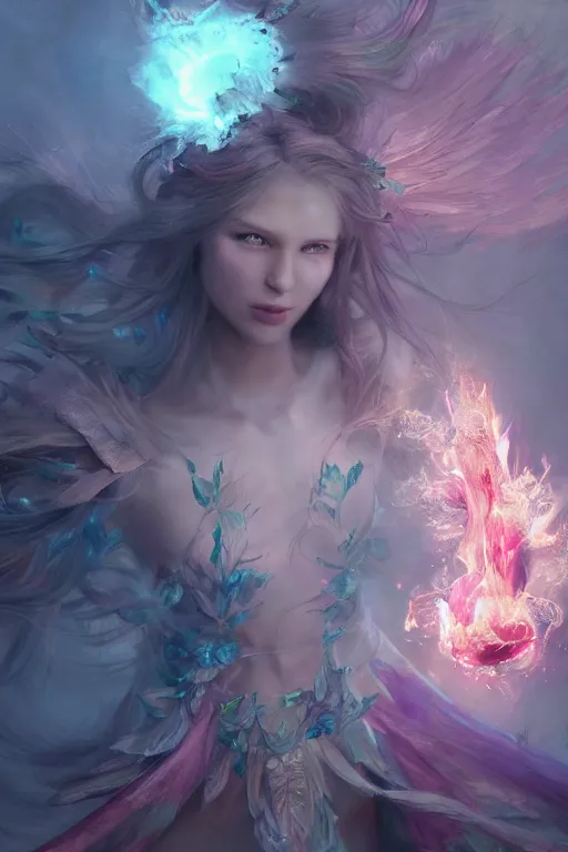 Image similar to beautiful girl necromancer, magical fairy exploding into flowers, angels, 3 d render, hyper - realistic detailed portrait, holding fire and electricity rainbow, ruan jia, wlop. scifi, fantasy, magic the gathering, hyper detailed, octane render, concept art, peter mohrbacher