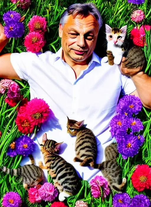 Image similar to hungarian prime minister viktor orban laying on a field of flowers with multiple cute kittens, photo, professionally retouched, realistic, smooth face, perfect eyes, symmetrical, full body shot, wide angle, sharp focus on eyes, 8 k high definition, insanely detailed, intricate, elegant, art by artgerm