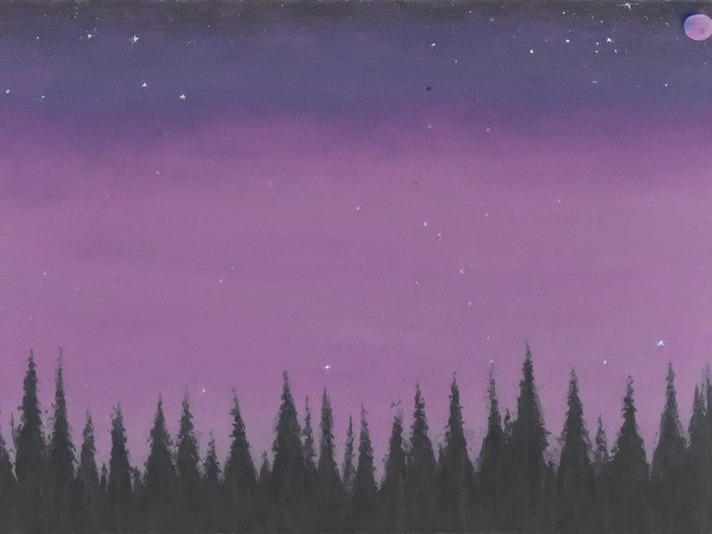 Image similar to painting of night sky in horizontal layers. The top layer has a crescent moon and many stars are in a dark cloudless layer of sky. The middle layer is filled by pink and purple ombre puffy fluffy puffy clouds close to the horizon. the bottom layer of the painting has dark silhouettes of trees forest that merge into the pink clouds above. Artstation. Deviantart.