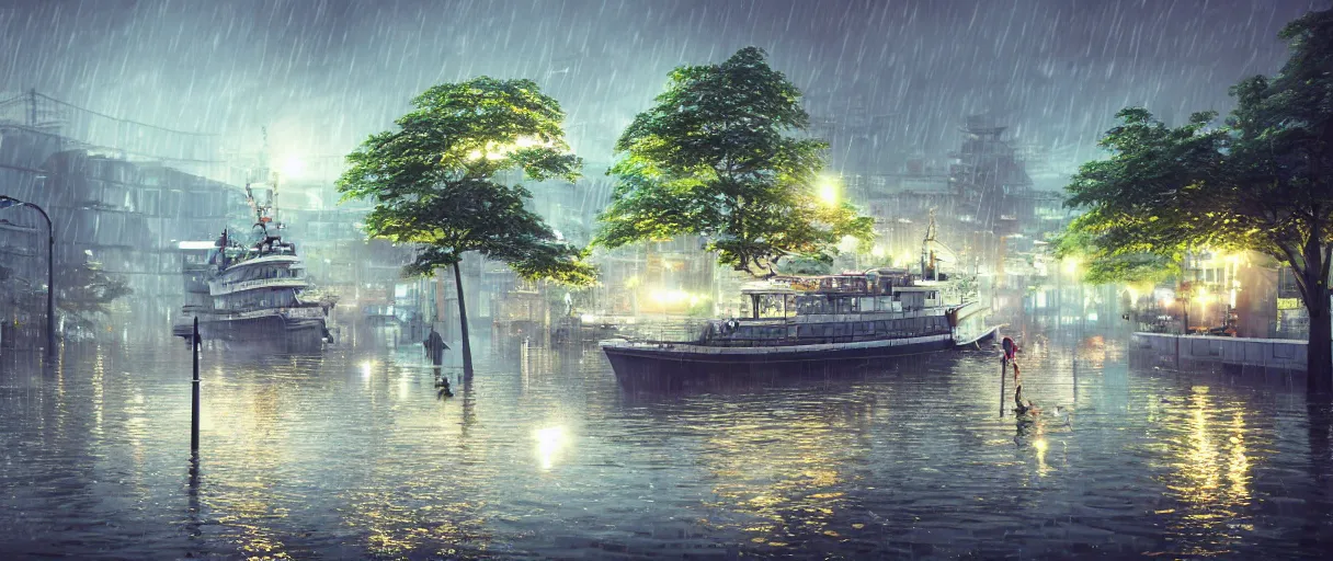 Image similar to cruising ship sailing at raining night at flooded miniature city, sun is on the rise on the town, cute style garden, octane render, trees, evergreen, patio, garden, wet atmosphere, tender, soft light misty yoshitaka amano, and artgerm