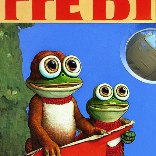 Image similar to pepe the frog home from vacation by norman rockwell