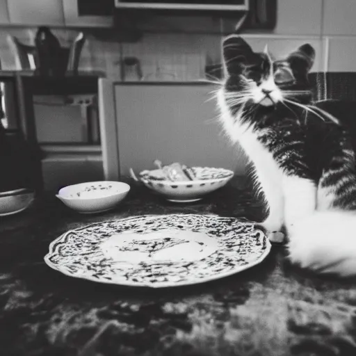 Image similar to dinner for one, but it is with cats, 5 5 mm