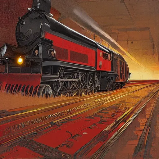 Prompt: futuristic sleek steam locomotive in red dead redemption 2 by greg rutowski, by alphonse mucha, by stanley artgerm