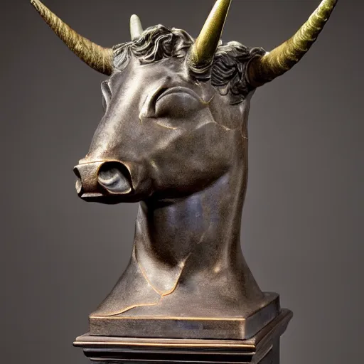 Prompt: professional color photograph of a patinated bronze portrait bust of an angry unicorn bull supported by a bronze plinth, by Auguste Rodin