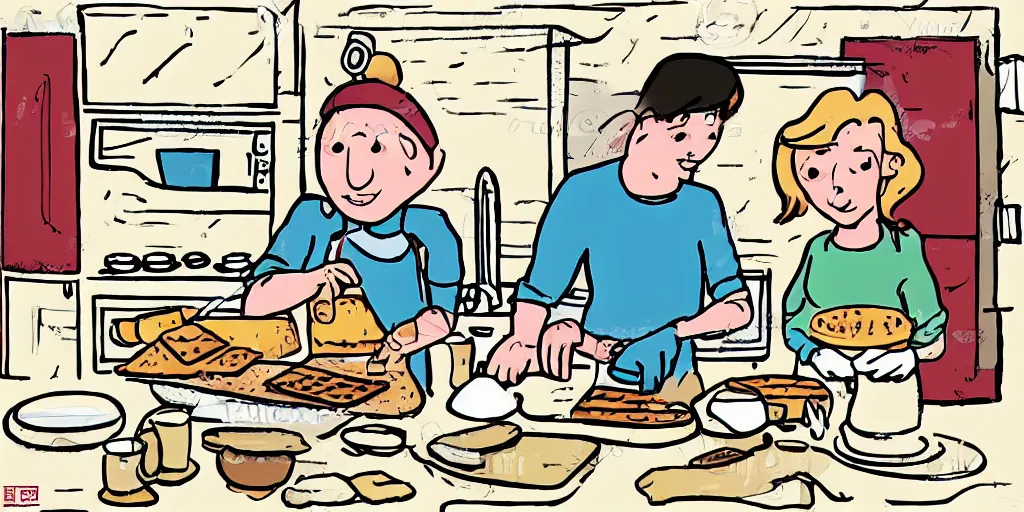 Prompt: A couple baking waffles, cartoon