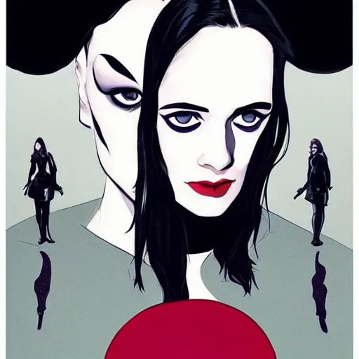 Prompt: Phil Noto comic art, wide shot, stunning elegant female Eva Green, Indigo Magician, beautiful evil sneer, symmetrical face, symmetrical eyes, leather clothing and boots, long straight red hair, full body, Indigo occult pattern