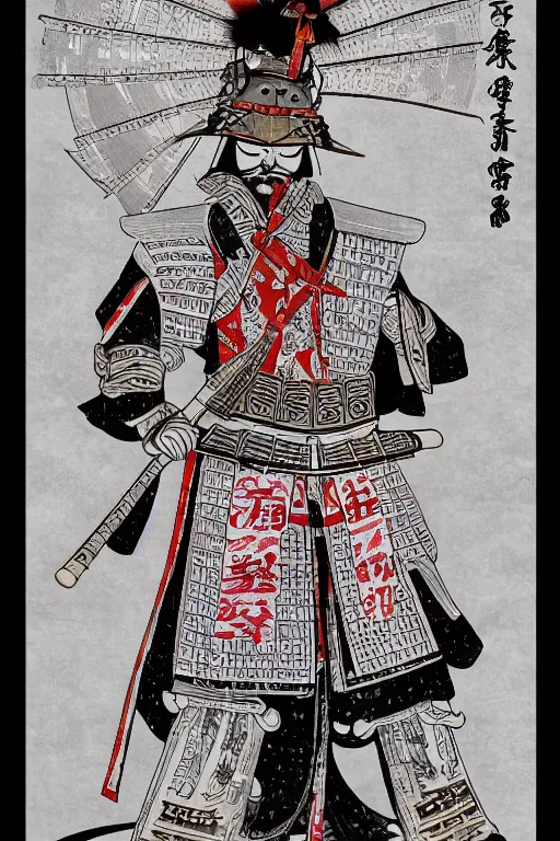 Image similar to an epic detailed political poster of a Japanese samurai in a temple, with Japanese text, in the style of a playing card, modern art, high quality, 4k