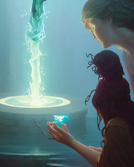 Image similar to mage casting a water spell, highly detailed vfx portrait, unreal engine, greg rutkowski, loish, rhads, beeple, makoto shinkai and lois van baarle, ilya kuvshinov, rossdraws, tom bagshaw, alphonse mucha, global illumination, detailed and intricate environment