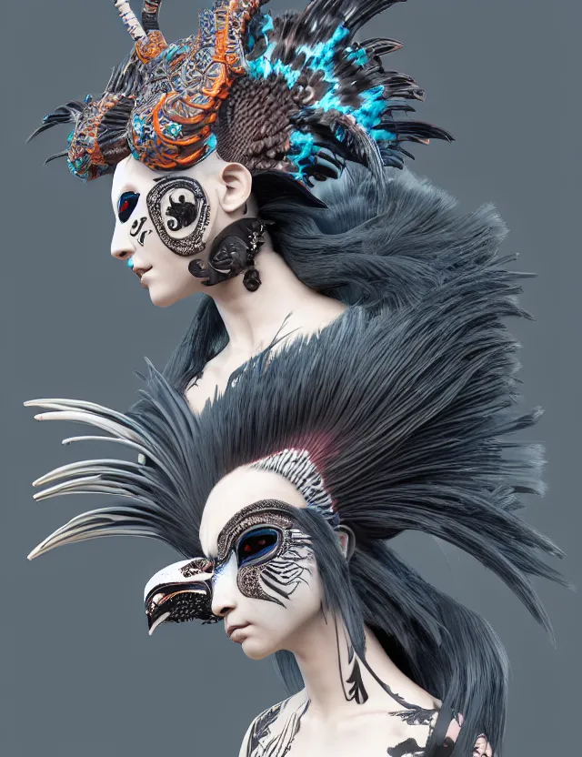 Image similar to 3 d goddess close - up profile portrait punk with mohawk with ram skull. beautiful intricately detailed japanese crow kitsune mask and clasical japanese kimono. betta fish, jellyfish phoenix, bio luminescent, plasma, ice, water, wind, creature, artwork by tooth wu and wlop and beeple and greg rutkowski