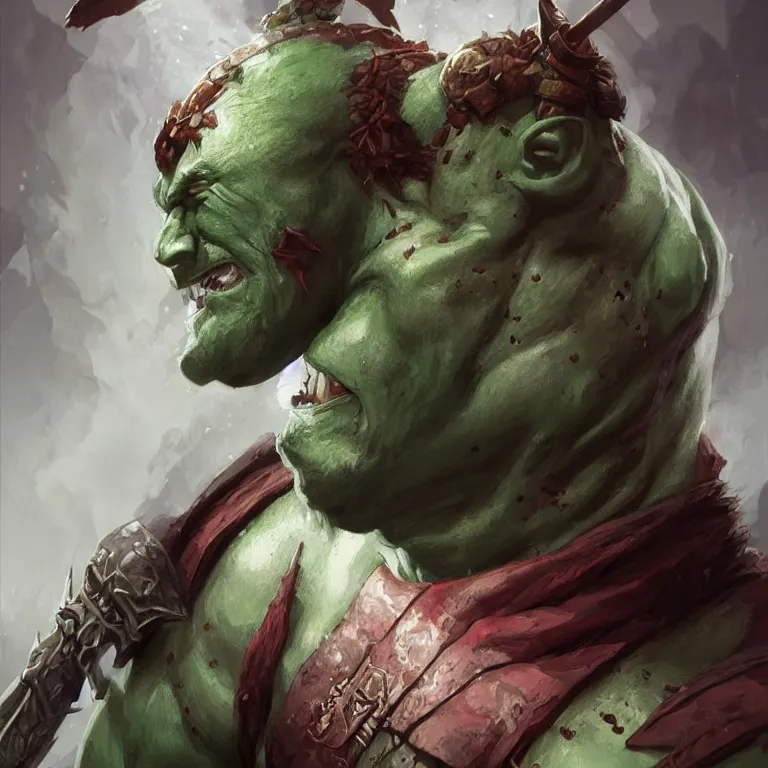 Image similar to portrait of a an orc barbarian with green skin and red eyes (with white pupils), D&D, fantasy, highly detailed, digital painting, artstation, smooth, sharp focus, illustration, art by artgerm and greg rutkowski and alphonse mucha