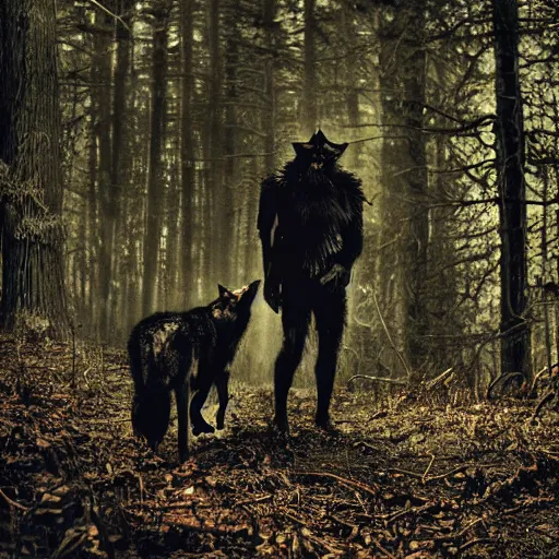 Prompt: werecreature consisting of a wolf and a human, photograph captured in a dark forest