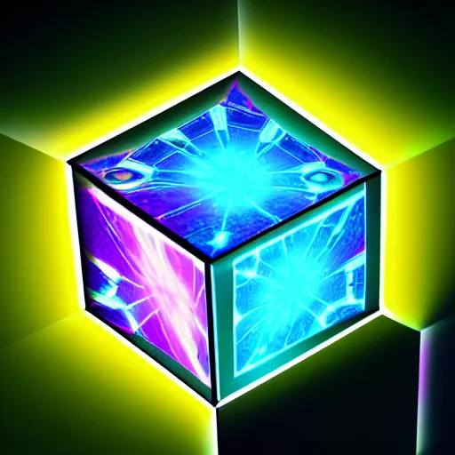 Image similar to a steampunk cube inside a hypercube consisting of fractals shiny luminescence neocube nanostructure neon colorful detalized lines, background mirror lake in magical colorful fog, octane render, hyper realistic, ultra realistic