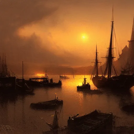 Prompt: an old harbour at dusk by greg ruthkowski and craig mullins and caspar david friedrich